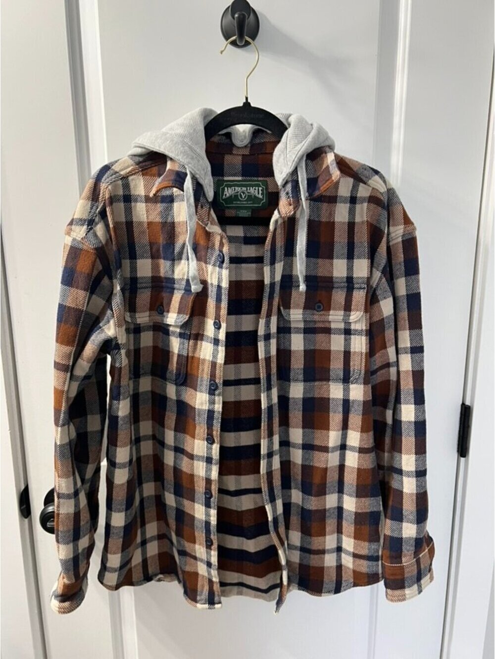 American Eagle Hooded Plaid Flannel Shirt Jacket Shacket Size Medium Brown Blue